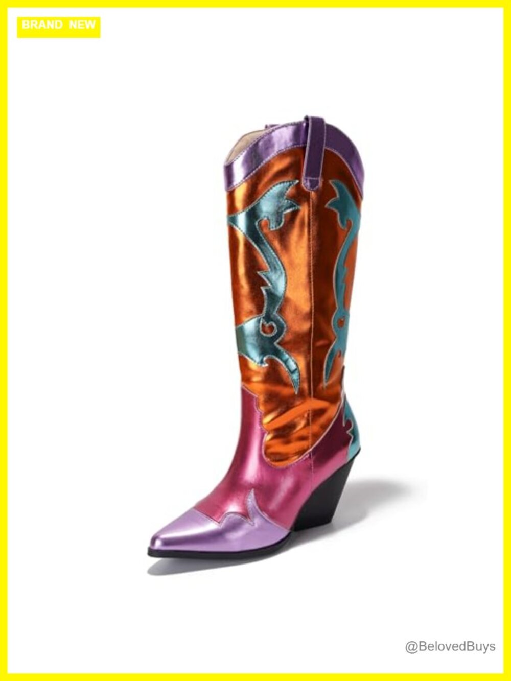 Metallic Colorblock Mid-Calf Western Cowboy Boots Pointed Toe 3 Inch Heel